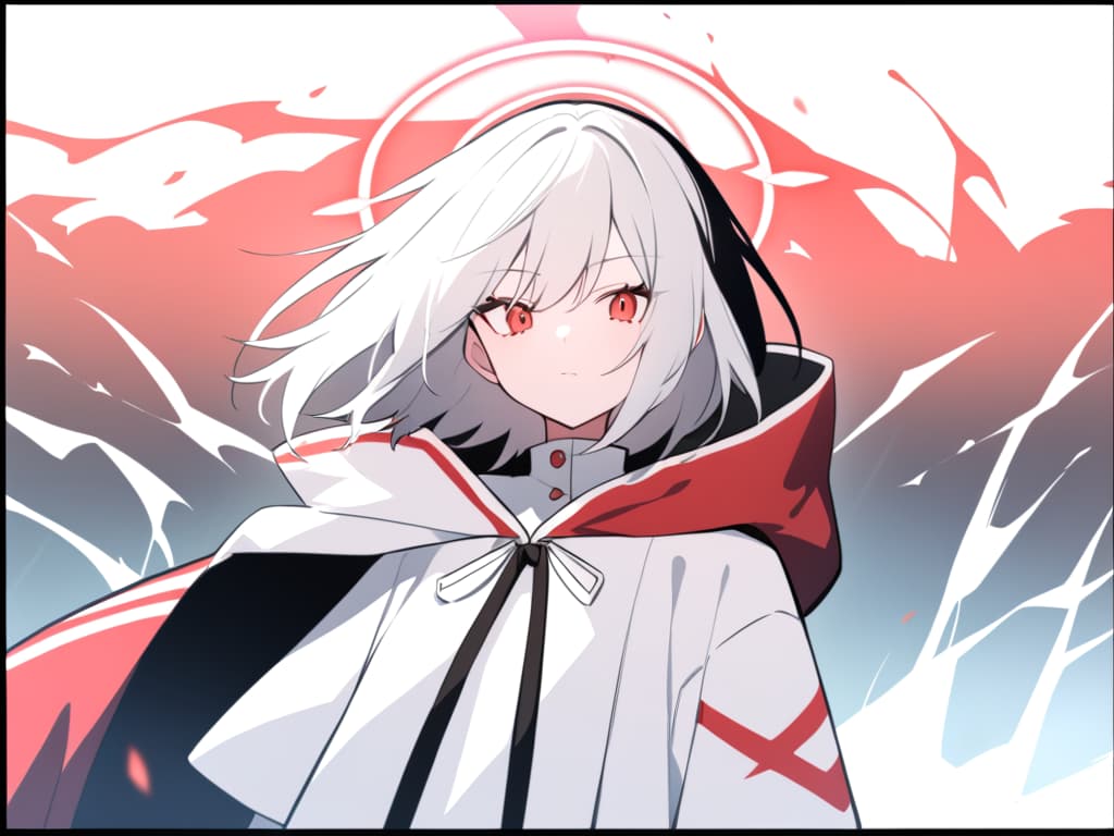  1girl,halo,diagonally on the top of the head,white hear,long bangs,short hair,the costume is designed with a red and white branched cloak,background is a battlefield,she is cool.