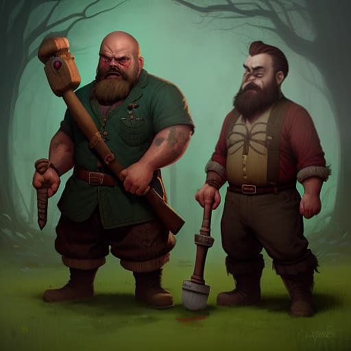  bearded dwarf with a wooden hammer against a green lawn, dark , creepy , blood , monsters , by jason engle , carlos huante , charlie bowater , simon lee , brom