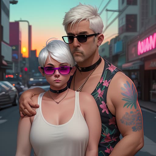  a woman with short white hair. pixie haircut. wearing sunglasses, a tank top, with a choker around his neck. hugging a strong, slightly overweight, dark haired man in a hawaiian shirt with elbow length sleeves and pixel glasses. the street of the city. evening. neon sunset. neon sign "cherry joe". digital photo. high detail. high realism.