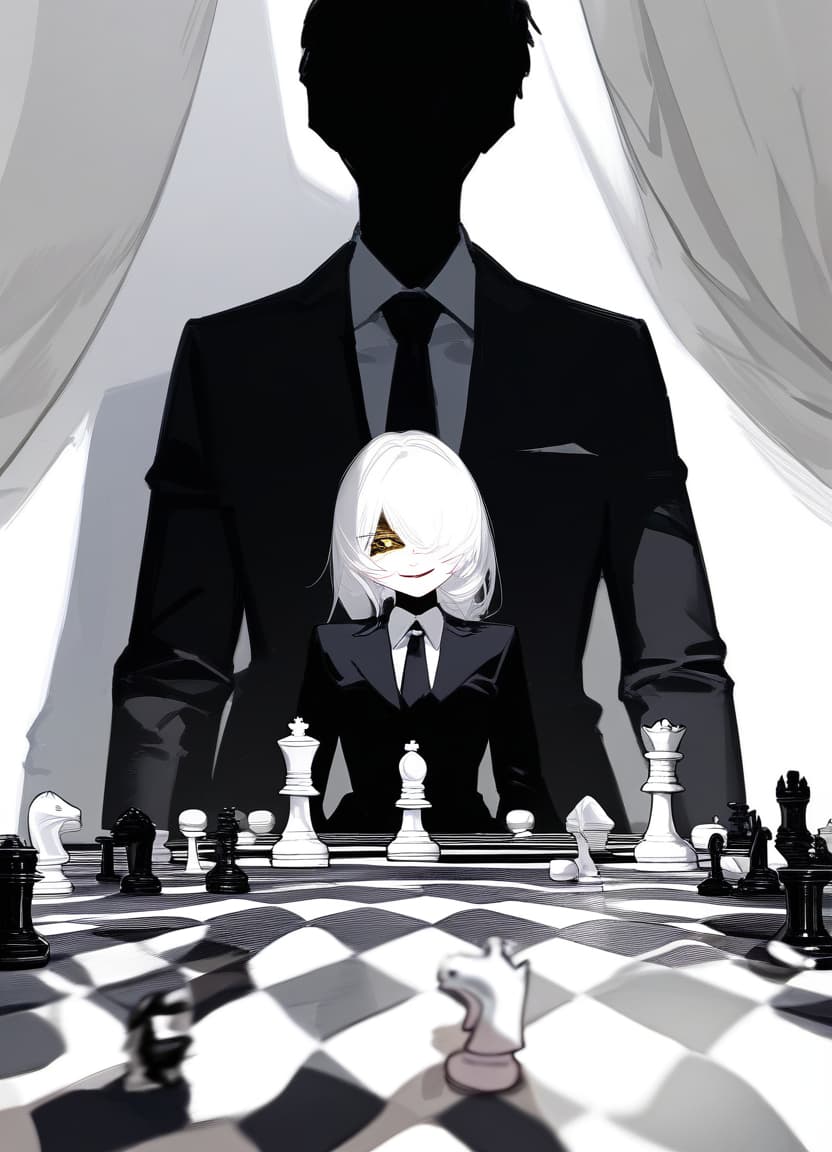  beutiful long white hair anime woman with shadows hiding face, sitting in front of a table with a chess set on it,an evil smile on her face and only 1 gold eye is visible, black suit and tie . best quality, high resolution