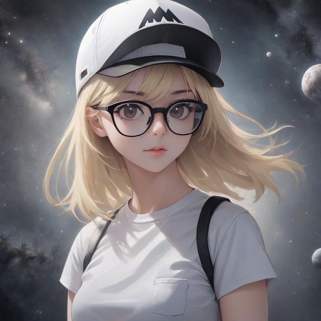  blonde girl in a white t shirt, black glasses and a white cap, space