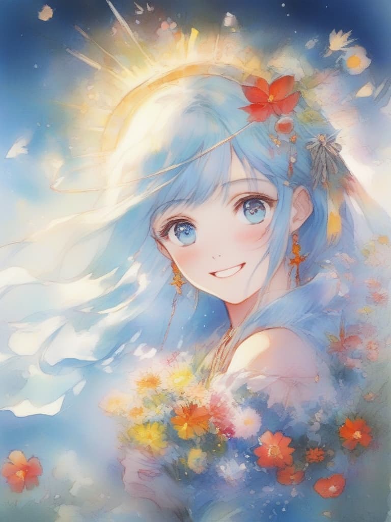  a masterpiece! beautiful girl,delicate light blue hair color,swaying hair,((shining eyes like jewels)),smiling face,(many light particles),(((blooming colorful flowers))),big sword,(fantasy clothes),fantasy,wonder,high quality,16k