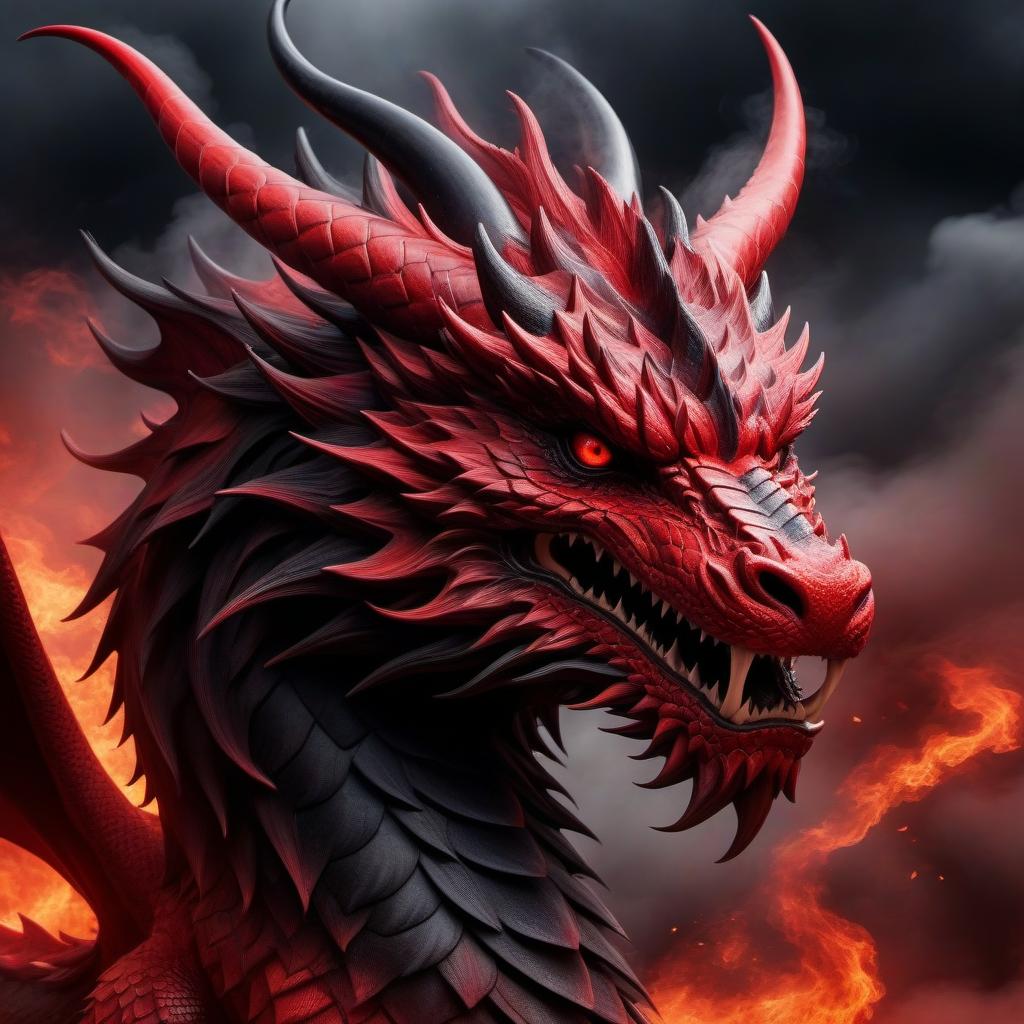  Portrait of a majestic red dragon with scales shimmering in shades of red and black, surrounded by swirling smoke and dark clouds, its fierce eyes glowing with intensity, looking straight ahead with an imposing presence. This is a photographic cover photo