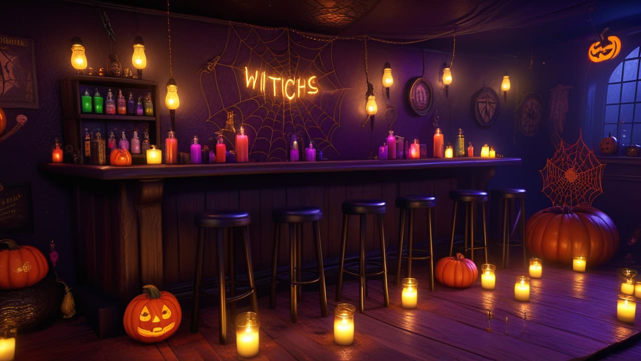  a dark and cozy karaoke bar themed for witches, with a stage, mini cauldrons on the tables, and candles for light. decorate with candles, spider webs, pumpkins, potions, and some mist along the floor. include a performer stage with a microphone, high quality, high details, hd, perfect composition, 4k epic detailed, highly detailed, sharp focus, high resolution