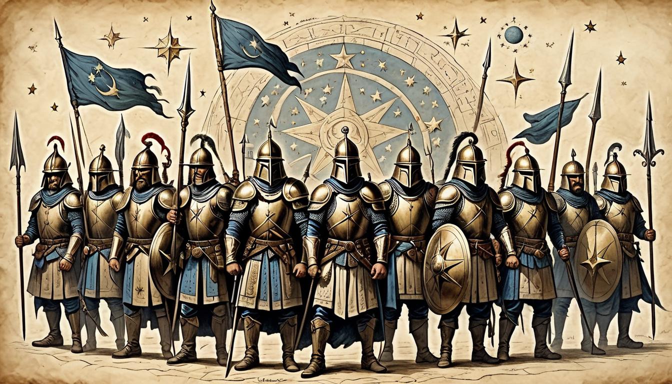  on parchment, surrealism+++, unified front, diverse warriors against a starry backdrop, strong stances, shields raised high, camaraderie, celestial(mysterious, provocative, symbolic,muted color)+++