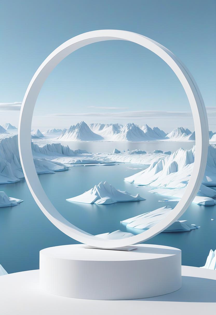  minimalist 3d product showcase, circular arctic view, white background, blue sky, mountains, sea, elegant and simple design.