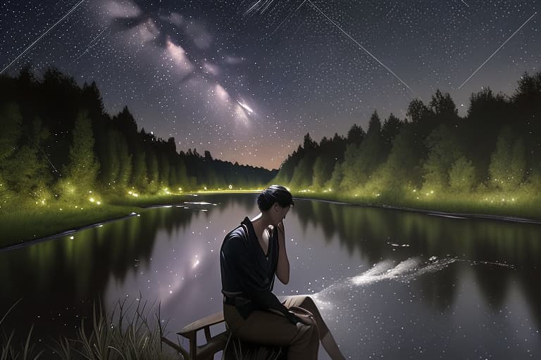  “A night scene showing two separate locations connected by a shared meteor shower. In one part of the image, a young man lies in a grassy field surrounded by a forest, gazing up at the meteor shower. In another part of the image, a young woman sits by the riverbank in a different country, also watching the meteor shower. The starry night sky stretches across both scenes, symbolizing the unspoken love between them. Reflections of the meteors are visible in the river, and the overall atmosphere is one of quiet, unexpressed feelings of love.”