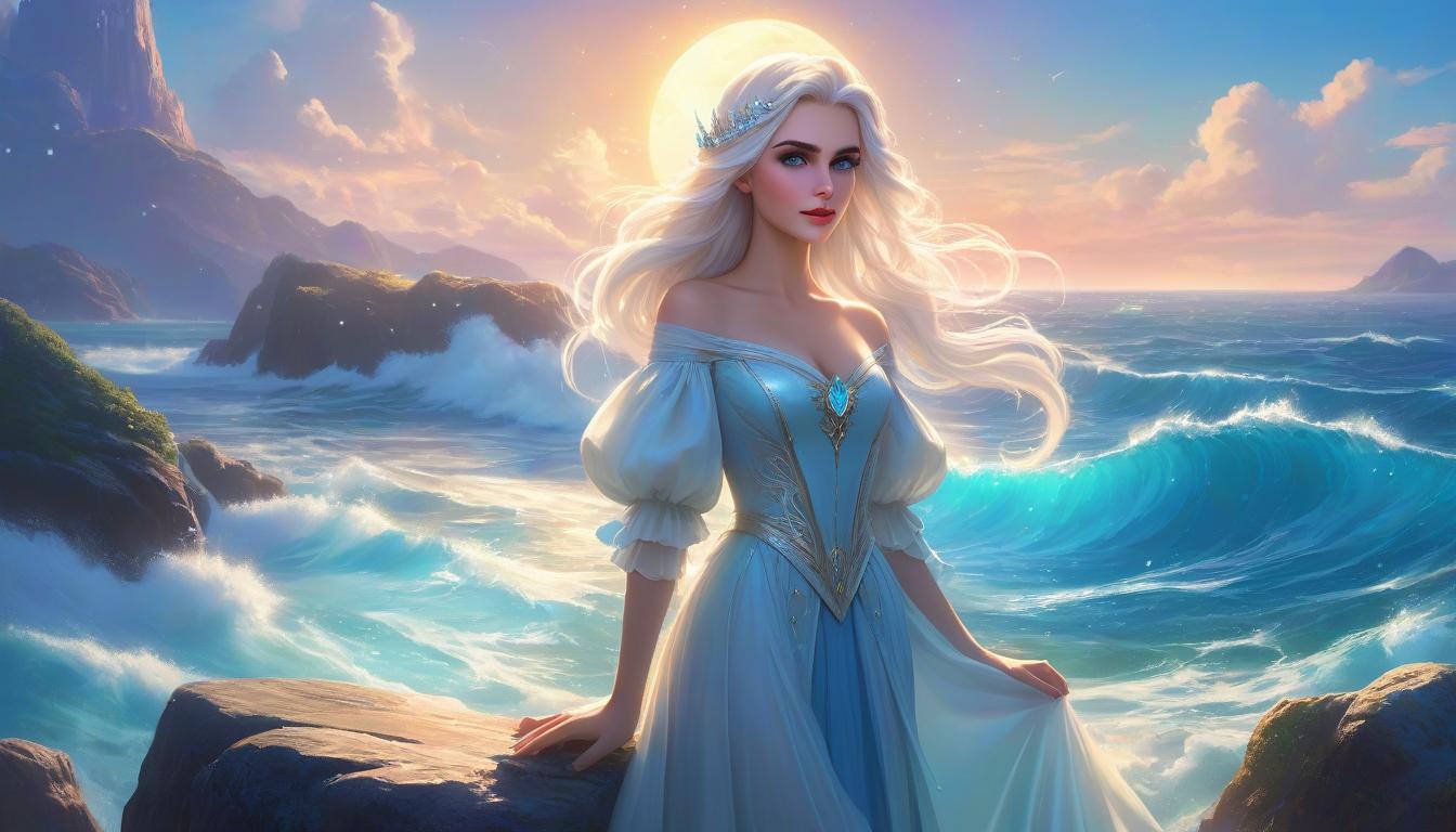  ethereal fantasy concept art of during one of the regular fishing trips, the man noticed a strange glow in the ocean. the man had an image of a girl with an amazing appearance in front of his eyes. her delicate features betrayed something unearthly about her. (eyes of azure color:1.3). (hair and eyebrows were snow white:1.4). (((white eyebrows))). . magnificent, celestial, ethereal, painterly, epic, majestic, magical, fantasy art, cover art, dreamy, glowneon, hkmagic