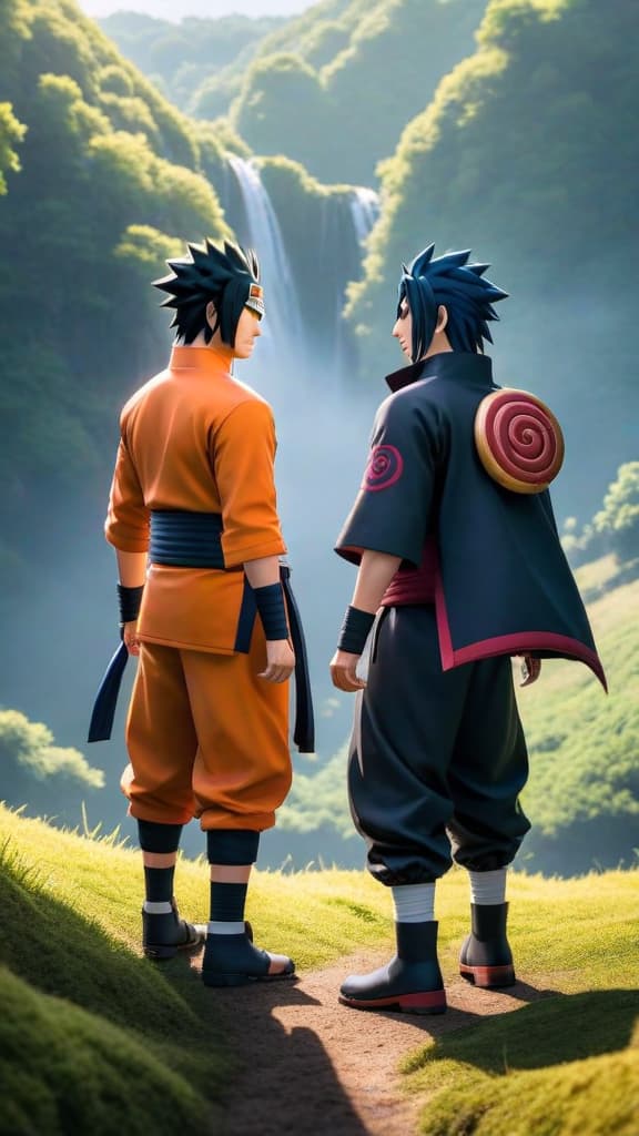  naruto and sasuke face off in the valley of the end, intense anime art, naruto shippuden hyperrealistic, full body, detailed clothing, highly detailed, cinematic lighting, stunningly beautiful, intricate, sharp focus, f/1. 8, 85mm, (centered image composition), (professionally color graded), ((bright soft diffused light)), volumetric fog, trending on instagram, trending on tumblr, HDR 4K, 8K