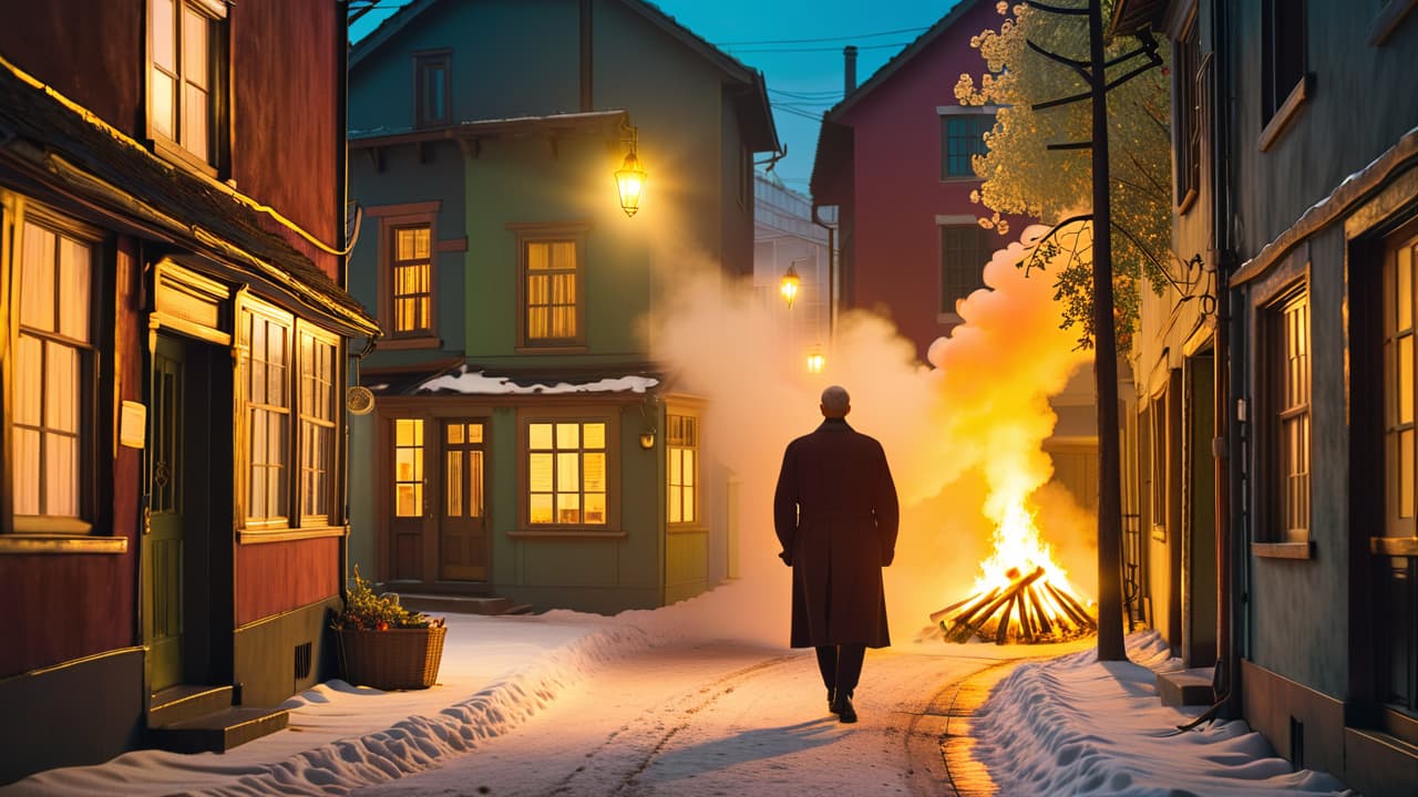  a split scene showing a cozy, rustic village with a storyteller sharing a folktale by a fire, contrasted with a dark, urban alley where people whisper about a mysterious urban legend under flickering streetlights. hyperrealistic, full body, detailed clothing, highly detailed, cinematic lighting, stunningly beautiful, intricate, sharp focus, f/1. 8, 85mm, (centered image composition), (professionally color graded), ((bright soft diffused light)), volumetric fog, trending on instagram, trending on tumblr, HDR 4K, 8K