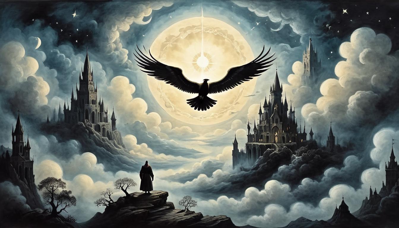  on parchment, surrealism+++, celestial figure soaring above dark clouds, radiant silhouette, ethereal glow, divine ascension, untouchable ascent(mysterious, provocative, symbolic,muted color)+++