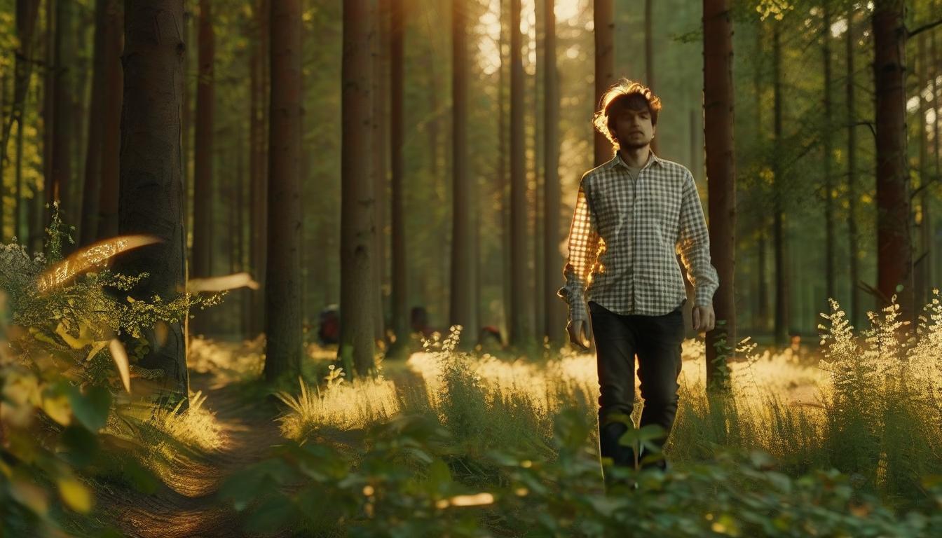  cinematic photo a man in a checkered shirt walks along a path in the forest with low and very lush trees, the golden hour, the rays of the sun through the trees, the hands of a man are spread out to the sides, a low tree, a flower meadow . 35mm photograph, film, bokeh, professional, 4k, highly detailed