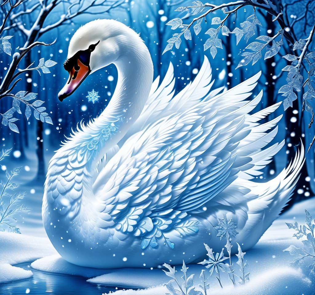  dreamscape thy name is (kiss the snow1,2) . ((key, (ice, blue1,6 sip)) ((blue eyed)) i've been jinxed ((snow singer1,8) . ((snow swan)) ((the snow swan)) feathers at my feet.( feathers flutter and slowly sink into the snow). (snow white swan): the head and body are creamy white with a silvery tint. wings of white blue colour from snowflakes (roses): light blue colour with leaves from ice crystals. background:soft blue with delicate patterns of falling snow and curls of blizzards, ice patterns on water.(style):fantasy, romantic art, silver age poetry, 19th century, dedication. . surreal, ethereal, dreamy, mysterious, fantasy, highly detailed, civitai, hkmagic