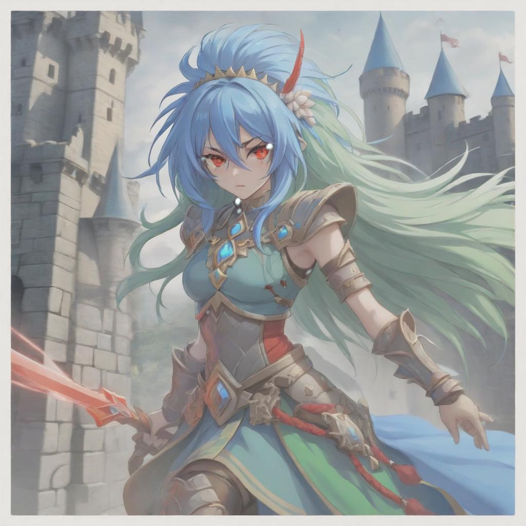  long exposure photo of portrait of strong rage amazonas lancer. red eye. long blue hair. tilting head down. lightgreen mantle. shoulder pad feather, accessory necklace with pearls on the forehead, against the background of the castle siege . blurred motion, streaks of light, surreal, dreamy, ghosting effect, highly detailed, sticker, hkmagic