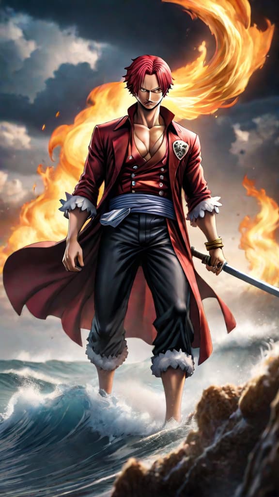  anime art: depict shanks from one piece, using legendary haki to paralyze enemies with a glare. hyperrealistic, full body, detailed clothing, highly detailed, cinematic lighting, stunningly beautiful, intricate, sharp focus, f/1. 8, 85mm, (centered image composition), (professionally color graded), ((bright soft diffused light)), volumetric fog, trending on instagram, trending on tumblr, HDR 4K, 8K