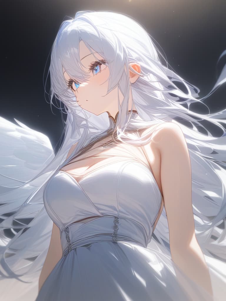  long hair, white hair, light blue eyes, short white dress, clear body line, goddess, four angels wings, elizabeth, seven deadly sins, masterpiece, best quality,8k,ultra detailed,high resolution,an extremely delicate and beautiful,hyper detail