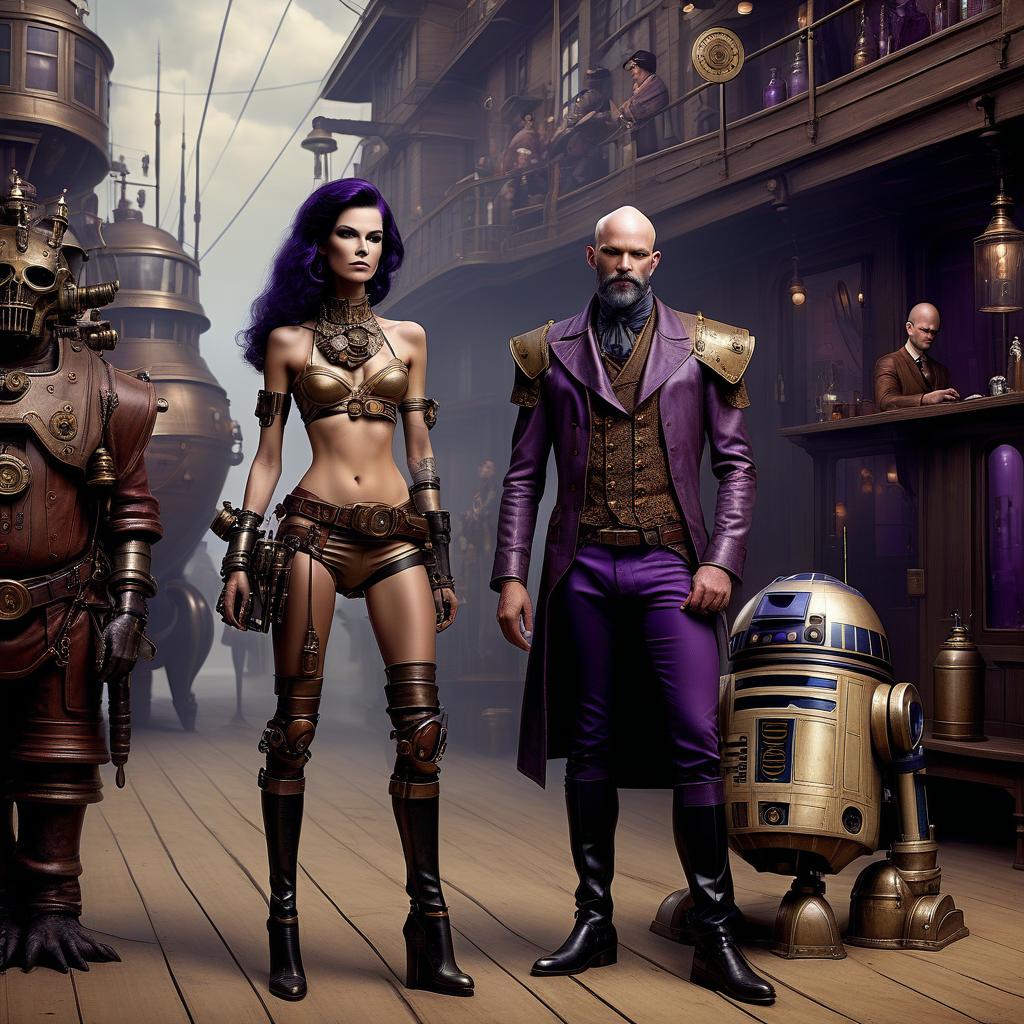  nautical themed a group of bounty hunters, a young with purple skin, 30 year, medium sized s, elegant thin waist, long slender legs, black hair. a man with a large , 40 year, small growth, bald, black. next to the droid and minotaur. full length image, steampunk, dieselpunk, paropunk, stand tavern. . sea, ocean, ships, maritime, beach, marine life, highly detailed