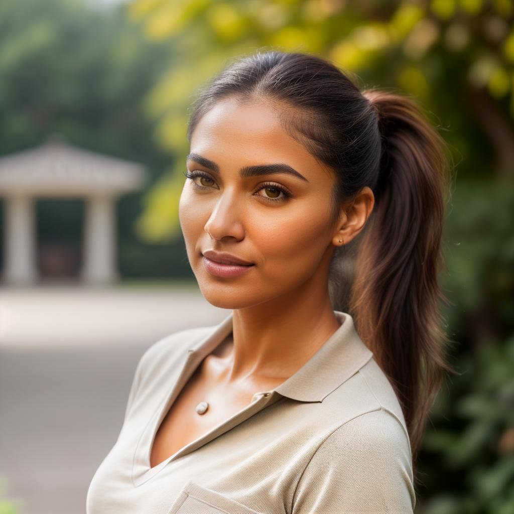  (((realistic full torso frontal head shot of a light brown to medium brown skin tone woman))), aanya vera sumanian, ((indian heritage)), immature face, hazel eye color, ((ponytail hair style)), (( hair color)), ((skinny body type)), medium size, athletic size, (immature narrow flat nose), (immature high cheekbones), (immature smooth jawline), (immature full lips), (immature medium forehead), (immature natural eyebrows), (immature pointed chin), standing straight looking directly into the camera,((wearing fitted polo shirt with deep v neck and monogrammed pocket)), backyard in background, 1, best quality, highest quality, award winning photo, masterpiece, raw, professional photography, photorealism, sharp focu hyperrealistic, full body, detailed clothing, highly detailed, cinematic lighting, stunningly beautiful, intricate, sharp focus, f/1. 8, 85mm, (centered image composition), (professionally color graded), ((bright soft diffused light)), volumetric fog, trending on instagram, trending on tumblr, HDR 4K, 8K