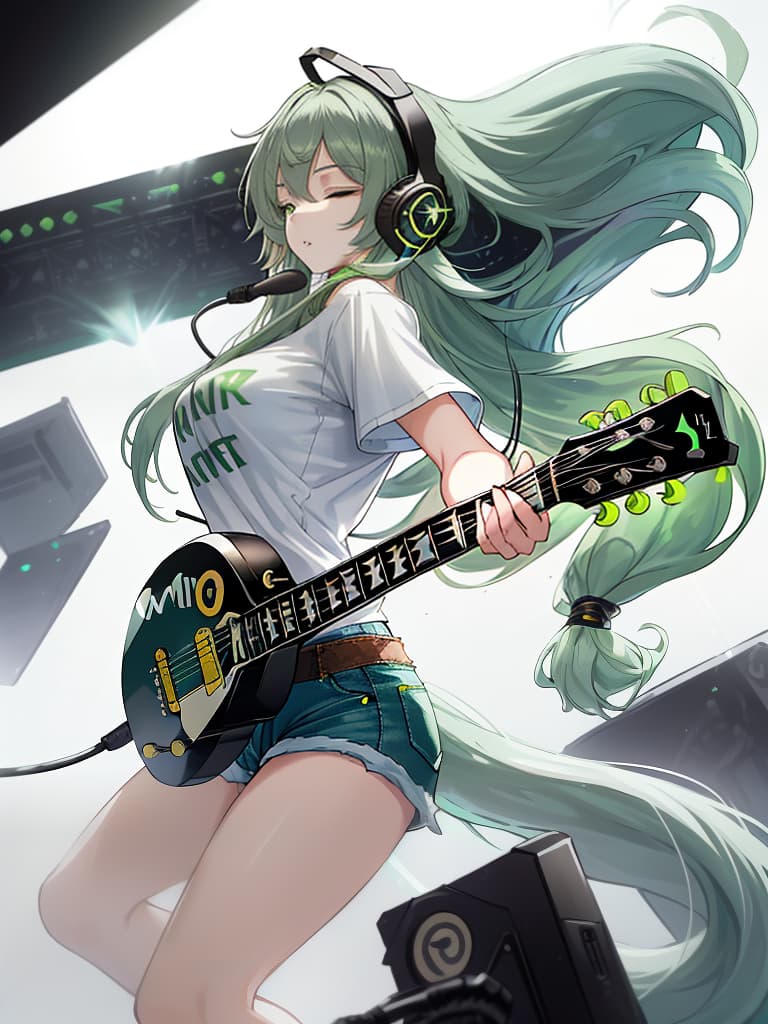  (white background:1.3),(extremely detailed fine touch:1.3),(hard light,studio light,light rays,dappled light,reflection,shadows,ray tracing:1.0),///,,(((green very long hair:1.3))),headphone,forehead,having a bird's eye view,anime style,super fine ilration,highly detailed,dynamic angle,beautiful detailed,8k,on stage break a woman,(((headphone:1.3))),on both ,strumming an electric guitar. she arches her back,closes her eyes and looks joyful. break a spotlight shines on her,(t shirt:1.3),(denim shorts:1.3),(black les paul custom:1.3)