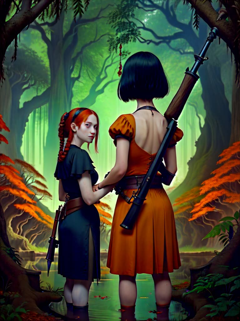  "Two Women With Red Shoulder Length Hair Standing Back To Back Each Woman Holding An Antique Gun, The Barrels Of The Guns Points Upwards Smoking. Hieronymus Bosch Style Painting.Gothic. Moth. Wild Mushrooms Growing Inside Ancient Trees. Roots. Waterfalls. Ancient Ruins And Trees Pools With Reflections. High Detail. Glowing Fungus. Glowing Fern", Highly defined, highly detailed, sharp focus, (centered image composition), 4K, 8K