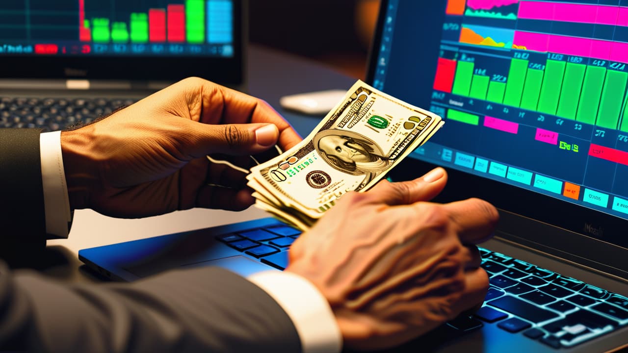  a close up of a beginner trader's hands on a laptop, surrounded by colorful stock charts, a calculator, and stacks of dollar bills, with a blurred background of a bustling trading floor. hyperrealistic, full body, detailed clothing, highly detailed, cinematic lighting, stunningly beautiful, intricate, sharp focus, f/1. 8, 85mm, (centered image composition), (professionally color graded), ((bright soft diffused light)), volumetric fog, trending on instagram, trending on tumblr, HDR 4K, 8K