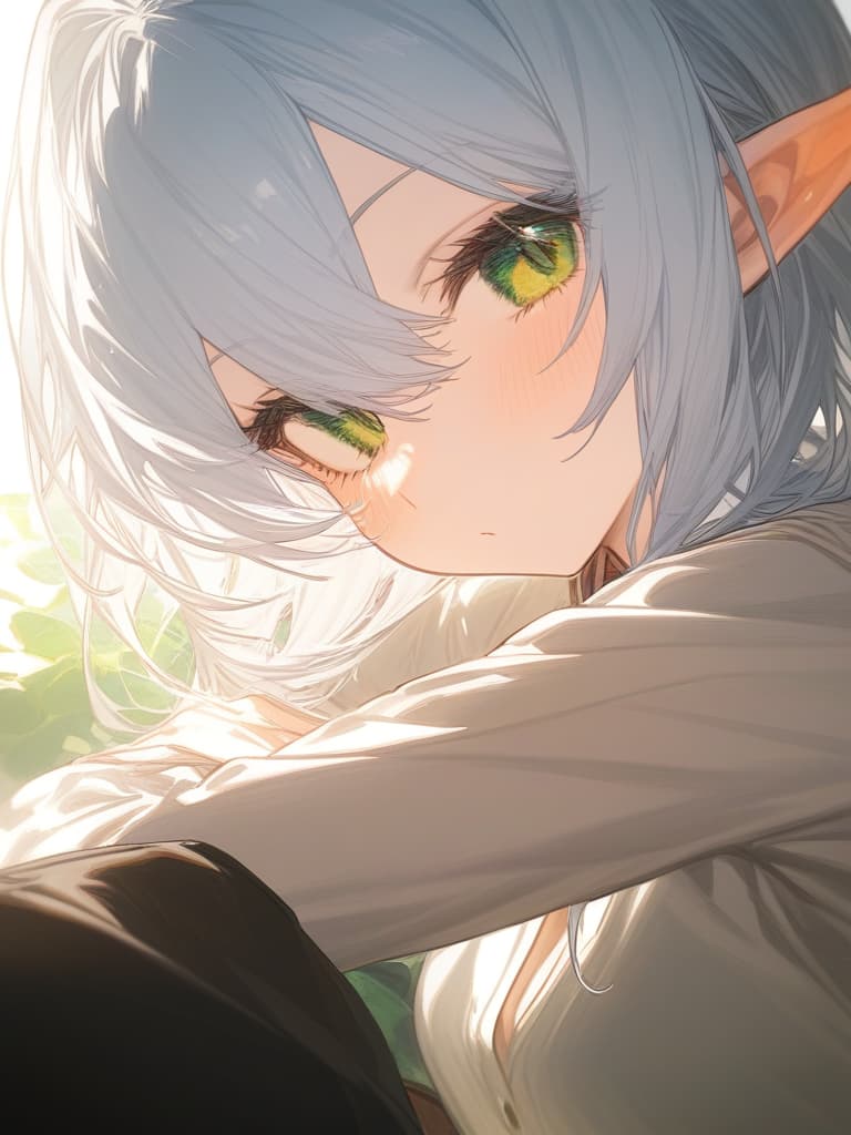  harajin, white hair, green eyes, clover's eyes in the center of the eyes, elf ears, cute, masterpiece, best quality,8k,ultra detailed,high resolution,an extremely delicate and beautiful,hyper detail