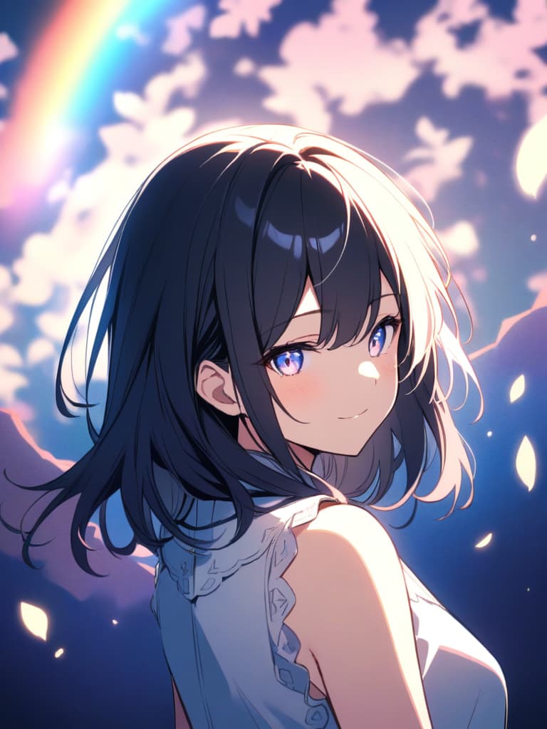  a beautiful black haired girl,smile,long messy hair,ultra detailed,best shadow,beautiful detailed deep rainbow eyes,cute and beautiful face,shy smile,white shirt,upper body view,colorful,(masterpiece:1.2),(best quality:1.2),detailed background,high contrast,(best illumination,an extremely delicate and beautiful),((cinematic light)),hyper detail,dramatic light,intricate details,8k,anime,very aesthetic