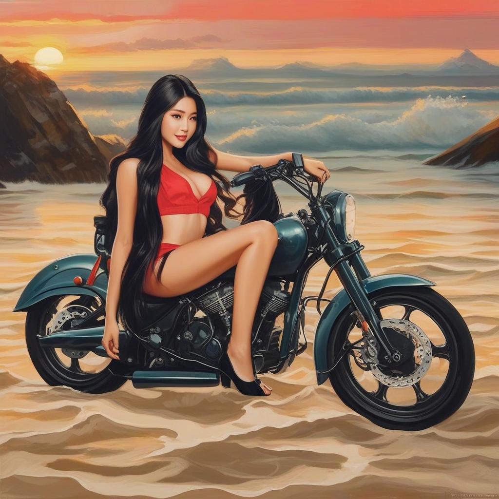  masterpiece, best quality,Sunset beach long hair Asian girl lying on her side on motorcycle