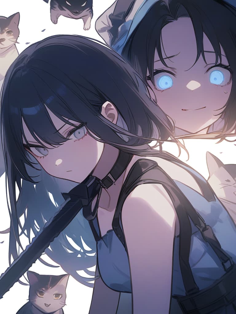  girls, white eyes, black collar, demon killing squad, swords, black hair with light blue mesh, cats, human eyes, human expression, white background