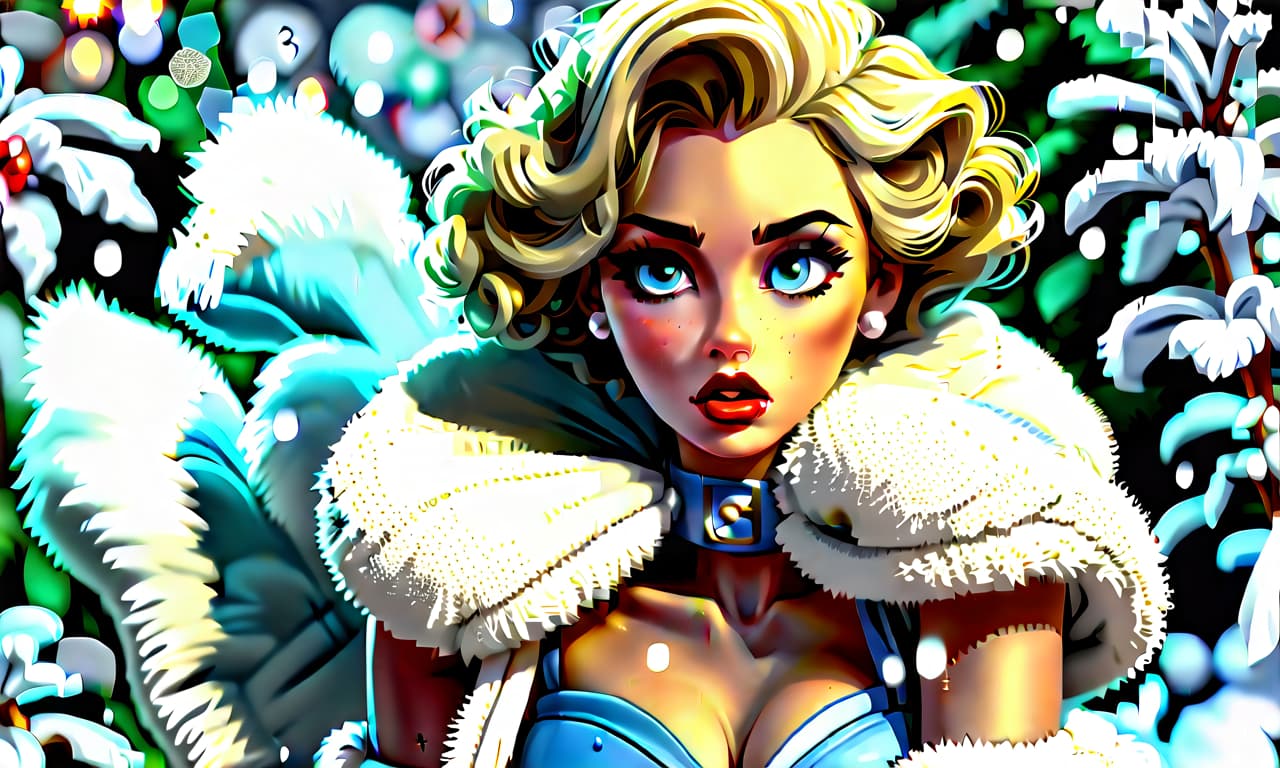  watercolor painting "create a painting in the pin up style featuring a young woman with a cute face and makeup. she has light hair styled with large white bows on the sides, from which curly hair flows down. the woman is dressed in a short blue fur coat with a fluffy white fur collar, which accentuates her figure. her arms are extended along her body to mid thigh, with her wrists flared out to the sides. she wears nylon stockings and long white leather high heeled boots, standing as if on her toes. the scene depicts her standing straight in the snow, appearing to shiver from the cold, surrounded by snow and snowdrifts. to her right, there is a fluffy green christmas tree adorned with colorful ornaments and twinkling lights. the snow sparkle