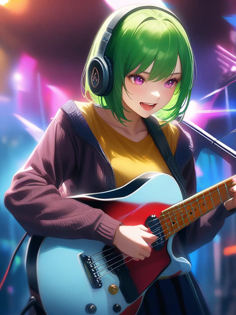  1girl,18yo,(((high school girl))),(((playing with an electric guitar:1.35))),green hair,short hair,purple eyes,headphone,very loud laugh,(((happy pose))),(((metallic focus))),music note effect,realistic