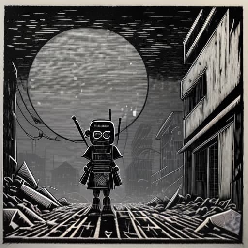  (grayscale, woodcut:1.2), (etching:1.1), (engraving:0.2), post apocalypse. darkness. snowstorm. snowstorm. a robot, hiding a pot with a small flower from the cold, walks through a strong wind through a destroyed frozen city., detailed