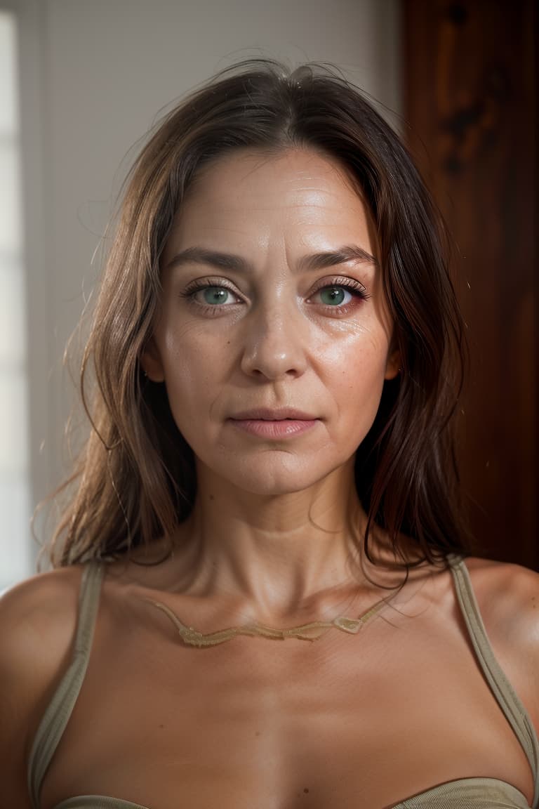  (70 woman, very old, loose skin, wrinkles on face:1.3), photo of a cute 20 year woman showing her s and , s visible, long dark hair, green eyes,,in front of in room,standing, masterpiece, best quality, (photorealistic:1.4), perfect lighting, (photorealism:1.4), beautiful, best quality, aesthetic, high quality, best quality, 4k, , perfect lighting, masterpiece, symmetric eyes