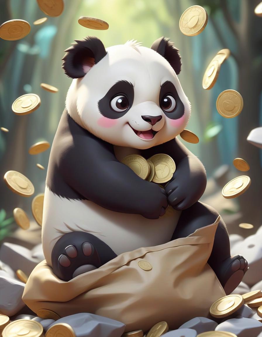  pokémon style a small cartoon panda hugs one bag with a slight smile, and coins are scattered nearby. . vibrant, cute, anime, fantasy, reminiscent of pokémon series