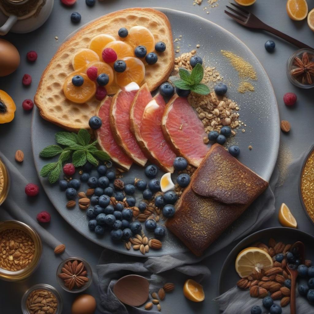  Beautifully decorated breakfast; still life color photography in the style of realism; etude in golden tones. hyperrealistic, full body, detailed clothing, highly detailed, cinematic lighting, stunningly beautiful, intricate, sharp focus, f/1. 8, 85mm, (centered image composition), (professionally color graded), ((bright soft diffused light)), volumetric fog, trending on instagram, trending on tumblr, HDR 4K, 8K