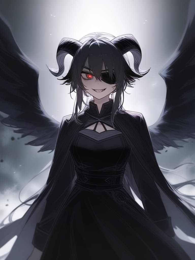  one girl, devil, eyepatch, wings, black wings, goat beasts, goat horns, goat ears, (((baphmet))), evil smile, ((imaginary eyes)))