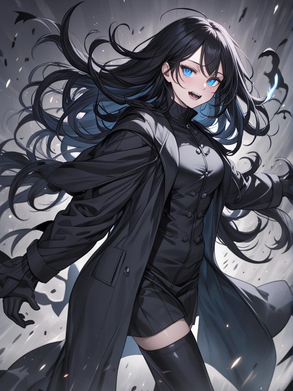  manga artwork anime art. a woman with sharp teeth. light blue eyes. it has long black hair that flows freely, giving it a mysterious and imposing air. he wears a long black coat with wavy edges, which appear to be in constant motion, adding a sense of dynamism to his appearance. the coat is open at the front, revealing a fitted black outfit underneath, which highlights her slender and athletic figure. her pose is confident and slightly dynamic, with one hand extended outwards, as if reaching for something or making a meaningful gesture. the background is a solid black, with an aura like circle framing the character's head, enhancing his silhouette and giving him an almost otherworldly look. hyper realistic atmospheres, detail, 8k. manga ar