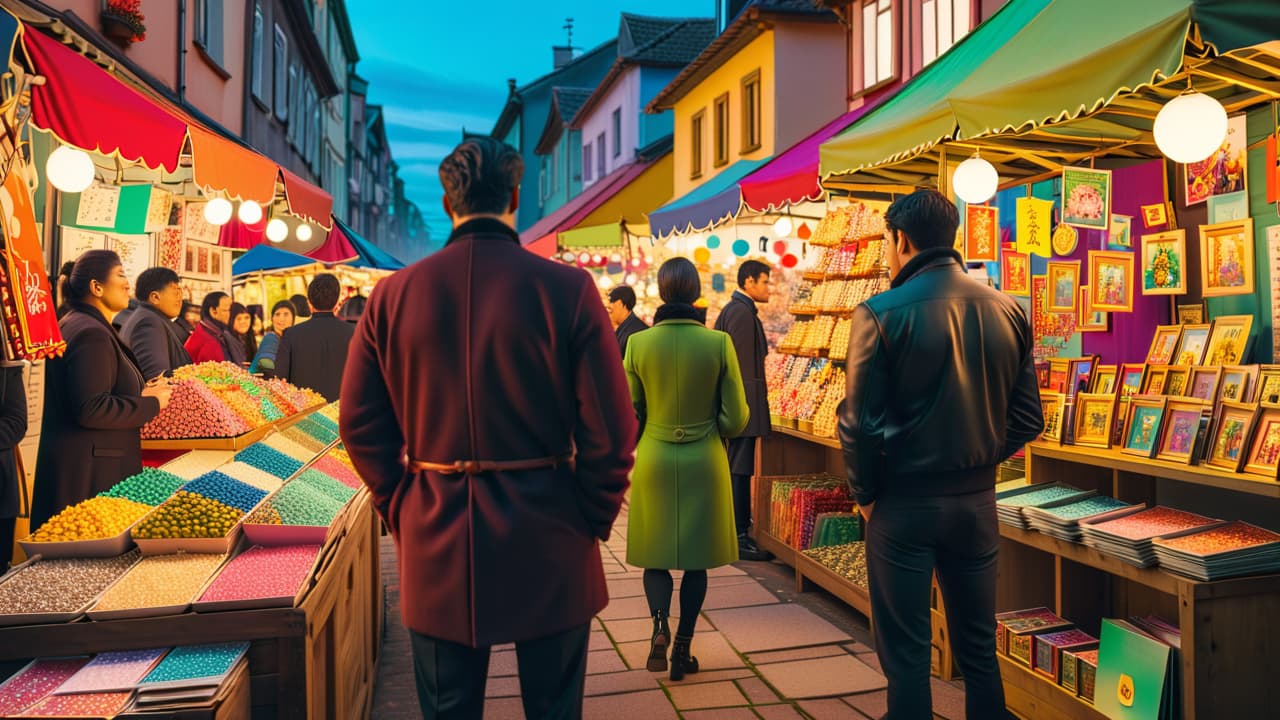  a vibrant marketplace scene with diverse collectors examining colorful anime figurines, showcasing intricate designs and various characters. stalls adorned with posters, eager buyers negotiating, and a backdrop of anime themed decorations create a lively atmosphere. hyperrealistic, full body, detailed clothing, highly detailed, cinematic lighting, stunningly beautiful, intricate, sharp focus, f/1. 8, 85mm, (centered image composition), (professionally color graded), ((bright soft diffused light)), volumetric fog, trending on instagram, trending on tumblr, HDR 4K, 8K