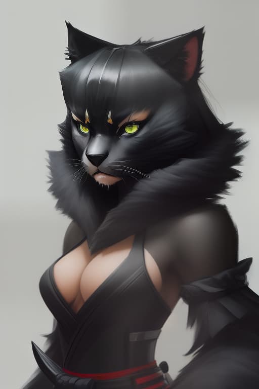  anthropomorphic saber toothed cat, black fur, emerald eyes, calm, samurai, woman