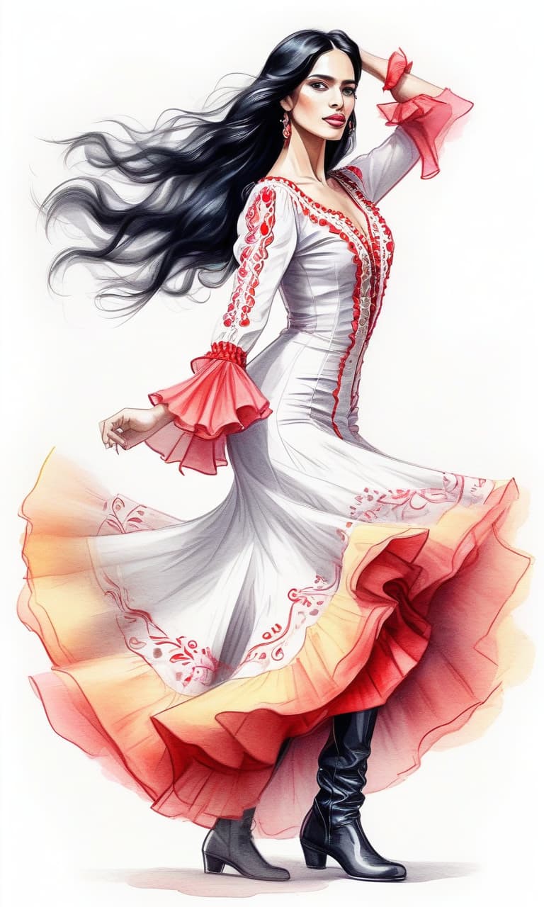  ethereal fantasy concept art of sketching with short strokes, with multicolor pencil, spanish dancer in spanish dress dancing flamenco, full length, in boots, long dress, beautiful eyes, slight smile, fine lines, elegant, on the white background. contours. long loose black hair. . magnificent, celestial, ethereal, painterly, epic, majestic, magical, fantasy art, cover art, dreamy