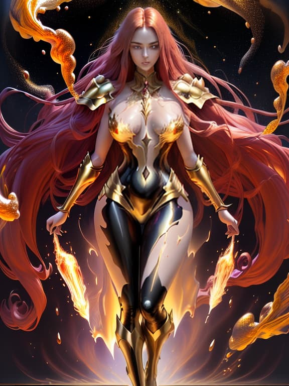  magnificent and attractive full length female body. very attractive face with big eyes, clear light skin, soft leather armor, very long red hair, in the style of pinot daeni. very large with purple eyes, explosion of liquid gold, magic of golden smoke, stardust, golden milky way, black background, magic mist, alcohol ink., (natural skin texture, hyperrealism, soft light, sharp:1.2)