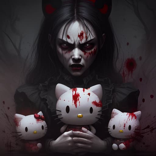  the character of hello kitty is very angry., dark , creepy , blood , monsters , by jason engle , carlos huante , charlie bowater , simon lee , brom