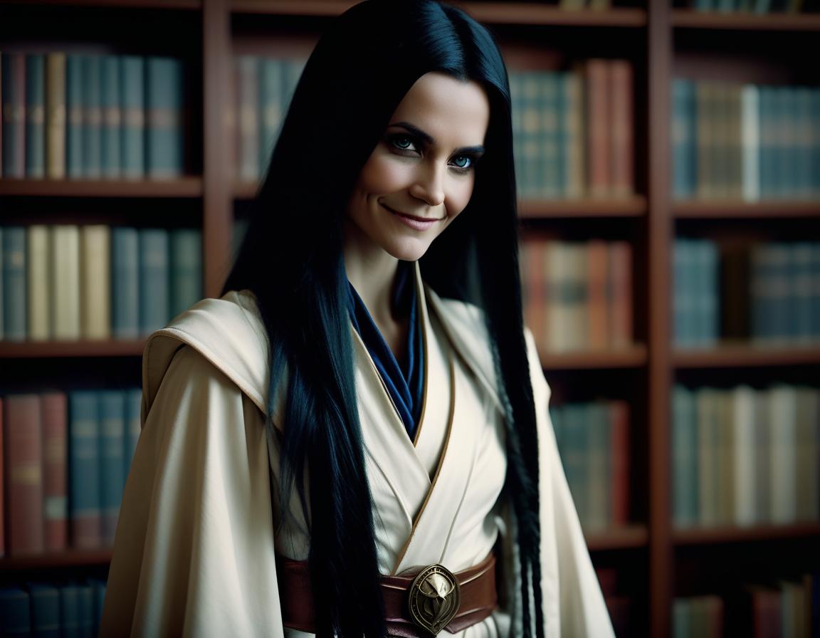  cinematic film still eldar female from warhammer 40000, long black hair gathered in a braid, hands hidden behind her back, evil smile, brown eyes, white robe, library on the background . shallow depth of field, vignette, highly detailed, high budget, bokeh, cinemascope, moody, epic, gorgeous, film grain, grainy