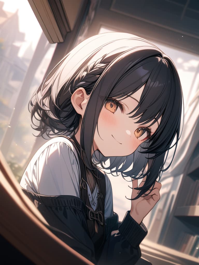  fox ears, smiles, hair tip blue, black hair, cute, virtual, short hair, braided ears, the cutest in the world, short hair, masterpiece, best quality,8k,ultra detailed,high resolution,an extremely delicate and beautiful,hyper detail