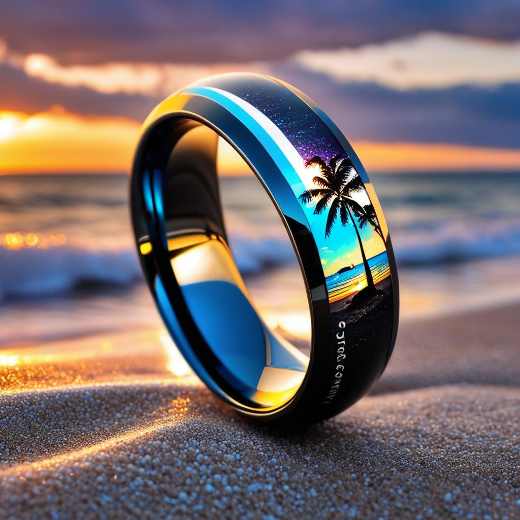  carbon fiber ring that has glow to it with a beach in the background with a sunset and forced imagery on the ring, award winning, professional, highly detailed, masterpiece