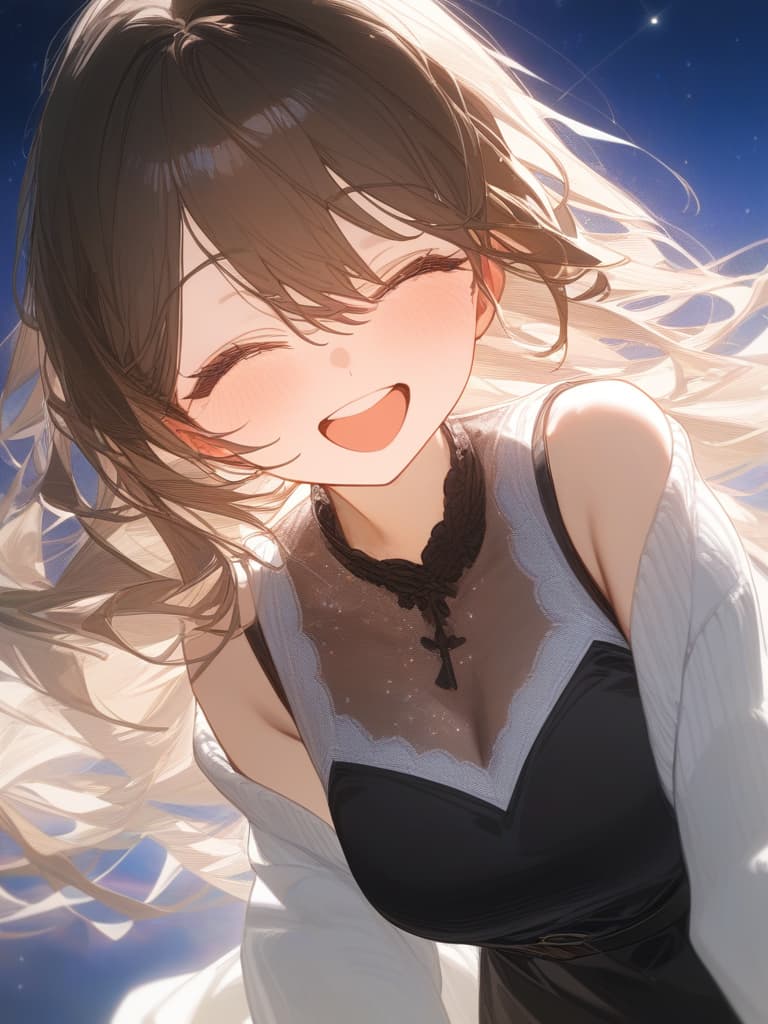  under the starry sky, a girl laughing and laughing, bright brown hair, transparent fleeting, whole body, black sleeveless dress, wears a white cardigan, masterpiece, best quality,8k,ultra detailed,high resolution,an extremely delicate and beautiful,hyper detail