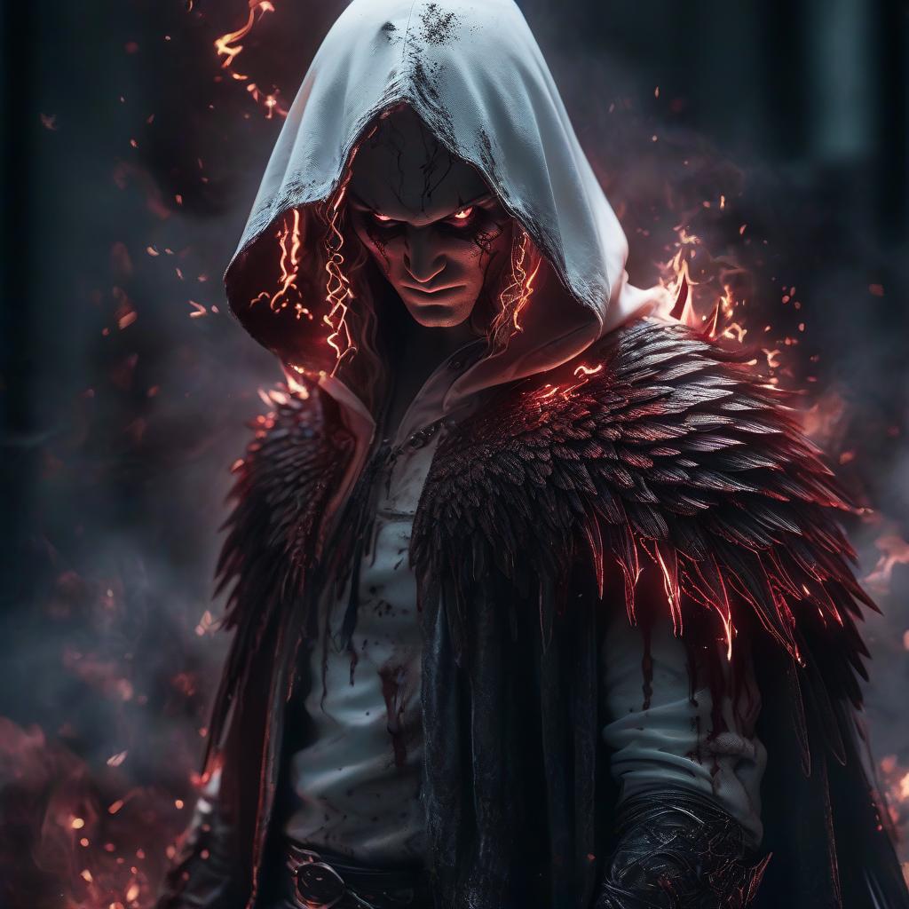  hyperrealistic art evil angel in a white hood with wings in blood with a sword on his shoulder white fire from the eyes dark face . extremely high resolution details, photographic, realism pushed to extreme, fine texture, incredibly lifelike, hkmagic, glowneon