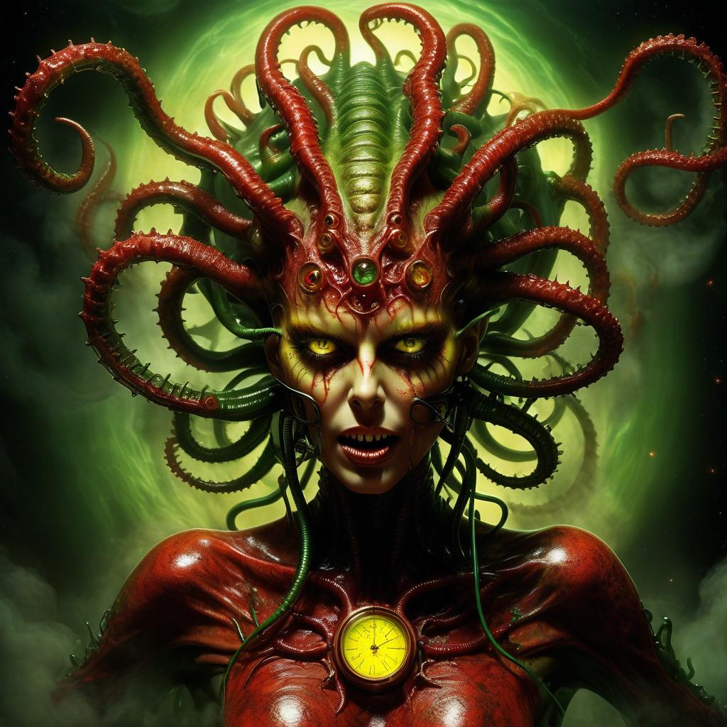  space themed beautiful demoness hellraiser whisperer giger demon looks scary prickly red watch in yellow smoke and green sparks suction cups tentacles eyes all over the body lower jaw sting tentacles claws and a terrible moan in red smoke in yellow rings of green steam the wound flows with mucus juice . cosmic, celestial, stars, galaxies, nebulas, planets, science fiction, highly detailed