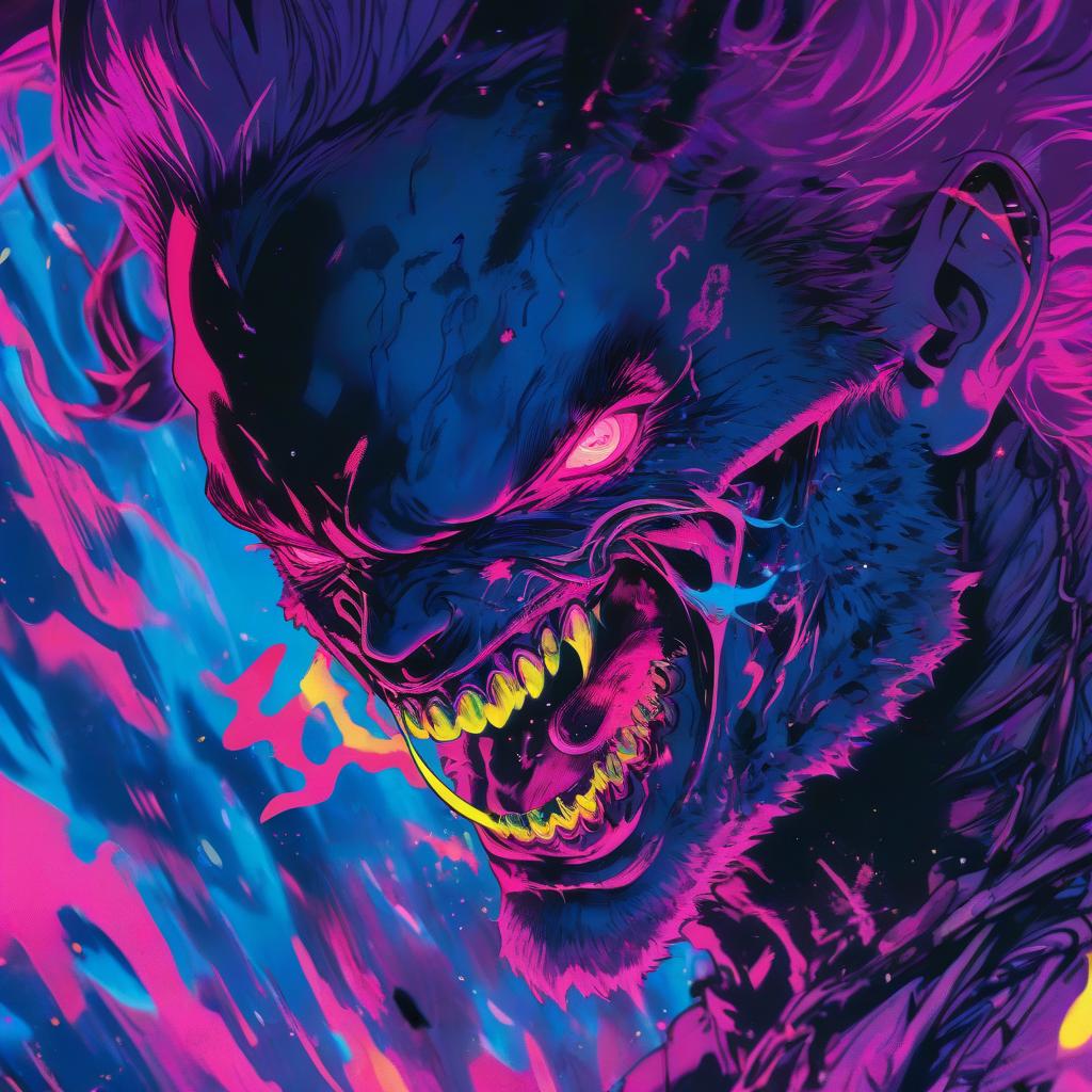  a close up of a person holding a knife, detailed hot maw, demon black blue purple, luminous, full color manga visual style, soft lulling tongue, pink , horns. dark colors, arca album cover, resin, trap, ( 3 1, 1 1 1 1, very , perfect face template, [ metal ], bite, artist unknown, esa, glowneon