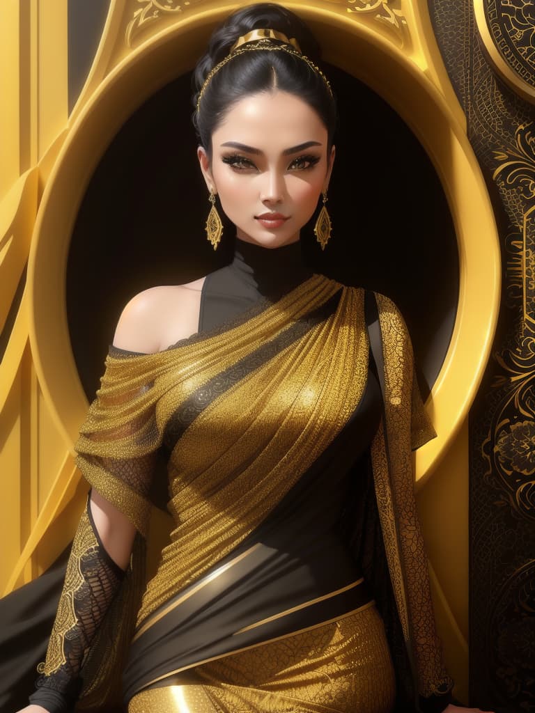  Golden yellow and sleek black color palette, captivating and inviting expression, exuding elegance and charm, magnetic beauty, intricate details, high contrast, luxurious feel, digital art, female, glossy finish, striking composition, dynamic lighting to enhance features.